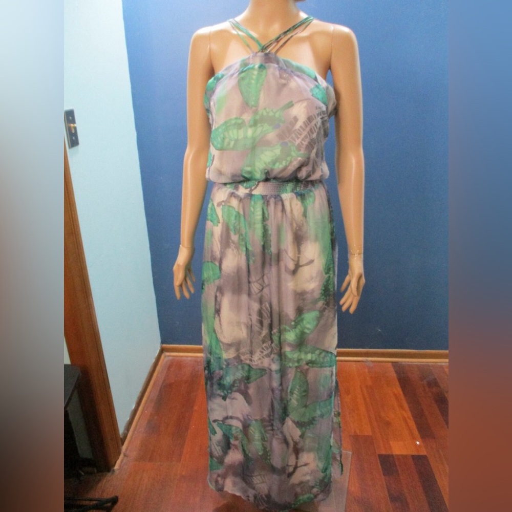 Green Leaf Print Halter Maxi Dress